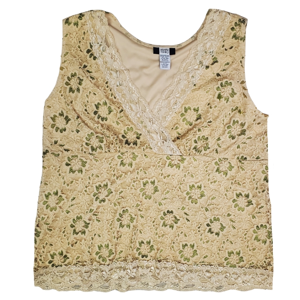 Floral lace sleeveless blouse with gold & green hues - Women's 22 / 24
